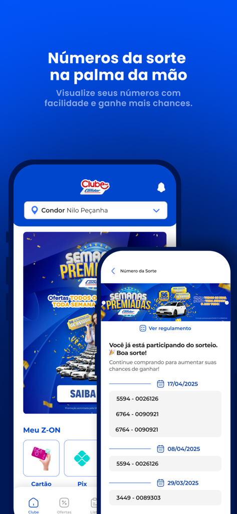 App Clube Condor - App Clube Condor screen displaying lucky numbers and prize draw information.