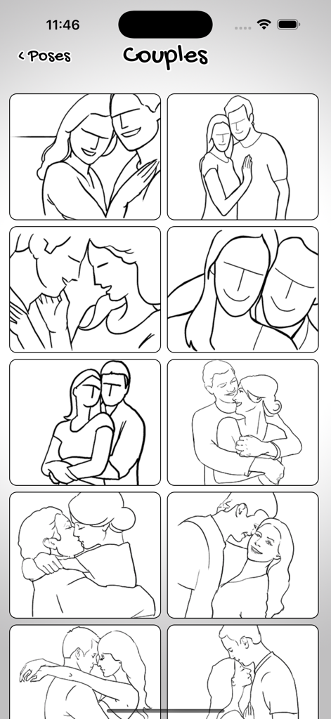 Posing App - Ein Bildschirm aus der Posing App, der ein Raster mit handgezeichneten Illustrationen für Posing-Ideen in der Paarfotografie anzeigt.