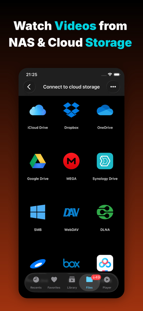 Evervideo: Play Any Video File - Evervideo app interface showing supported cloud and NAS storage services like Google Drive and Dropbox