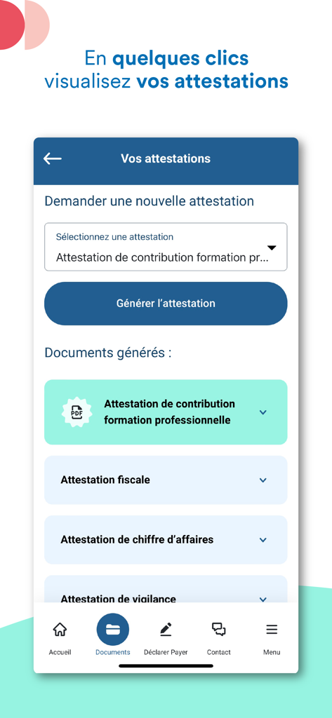 AutoEntrepreneur Urssaf - Interface de l'application AutoEntrepreneur Urssaf montrant la section pour demander et télécharger des certificats professionnels tels que les déclarations fiscales et de chiffre d'affaires.