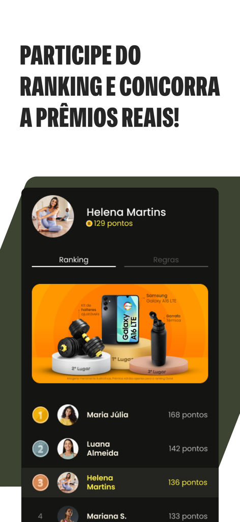 Bitt+ - Uma interface móvel do aplicativo Bitt plus mostrando uma tabela de classificação de usuários e prêmios reais, incluindo um smartphone e equipamentos de ginástica.