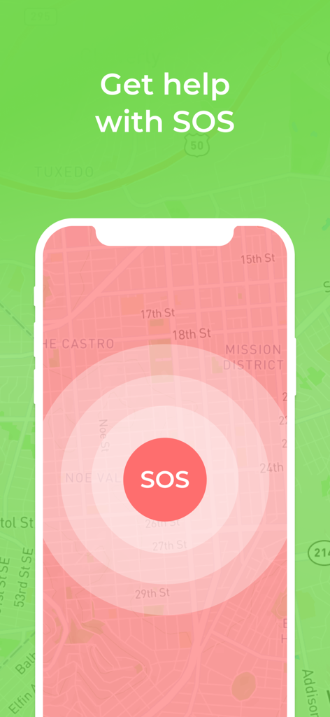 ファミリートラッカーアプリのSOS緊急アラートボタンを表示するスマートフォンの画面。