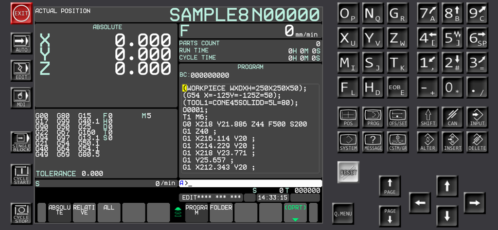 Fanuc CNC Simulator - Fanuc CNC Simulator interface showing G-code program and machine control panel