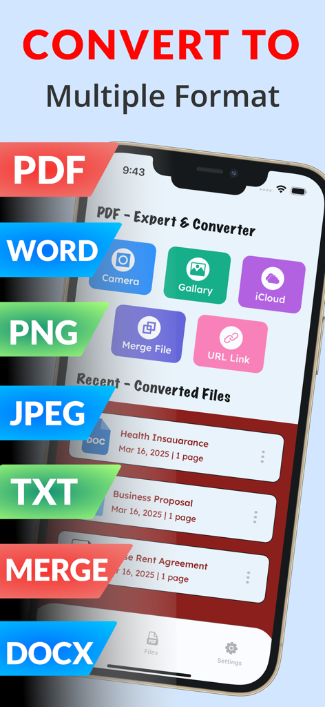 Pictures To PDF : Converter - Interface of the Pictures To PDF app showing various conversion options like PDF, Word, PNG, and JPEG