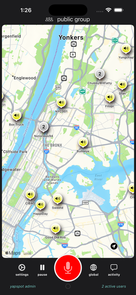 YapSpot app map interface showing local audio broadcasts and users in New York