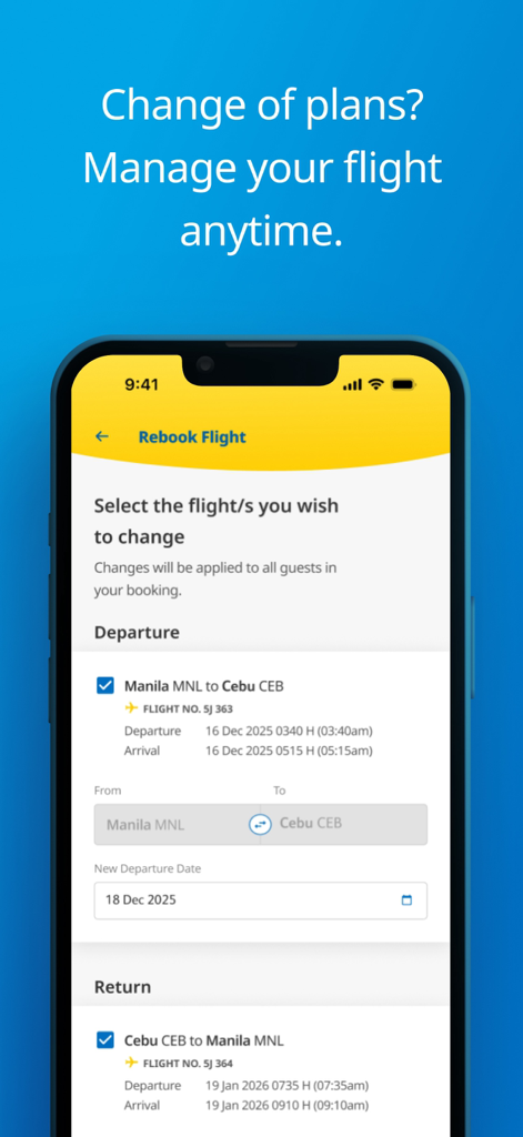 세부퍼시픽 앱, 항공편 재예약 및 관리 화면