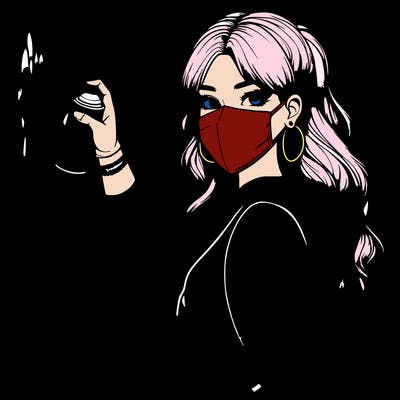 realistic girl with mask spray painting a wall