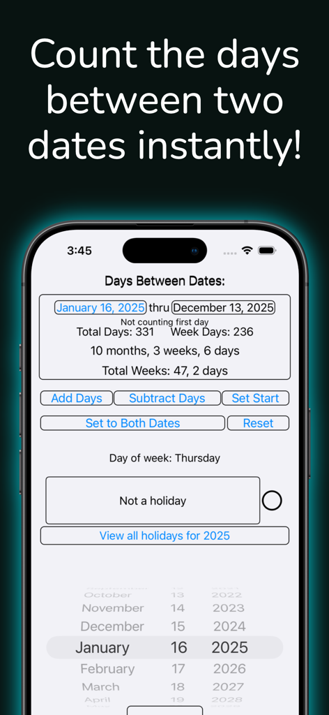 Between Dates Calendar Math - Interfaccia dell'app Between Dates Calendar Math che mostra i giorni calcolati tra due date su un iPhone