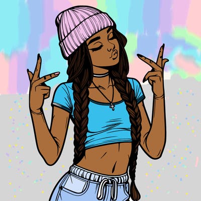 realistic teenage girl with braids and a beanie and crop top doing 🫶🏼