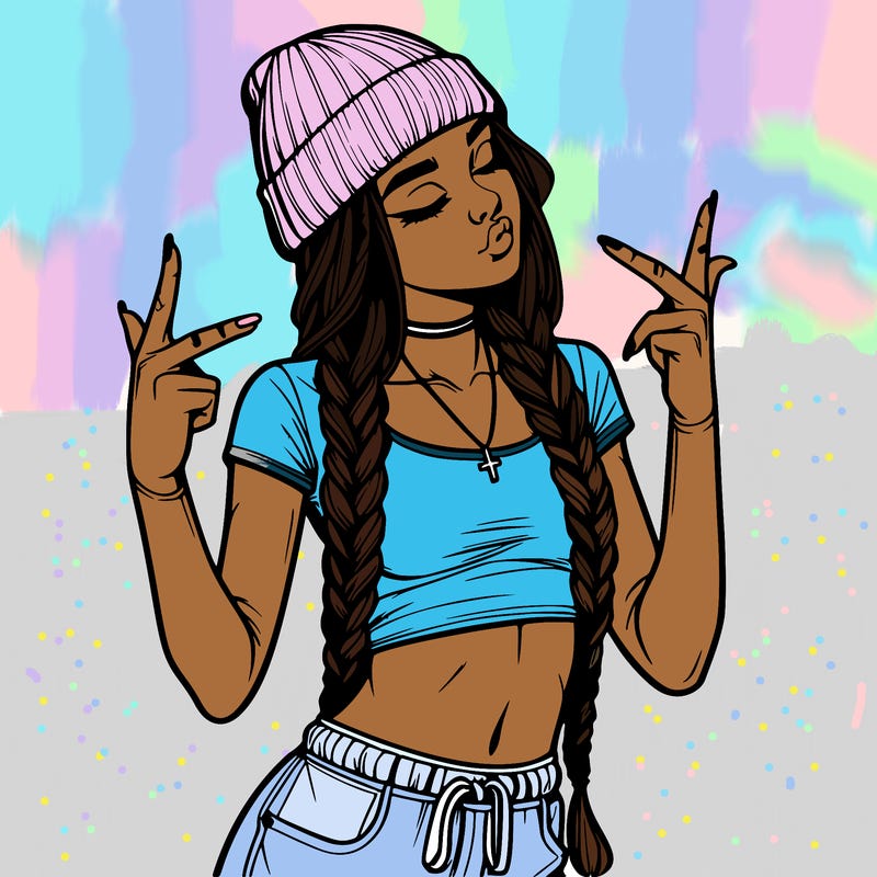 realistic teenage girl with braids and a beanie and crop top doing 🫶🏼