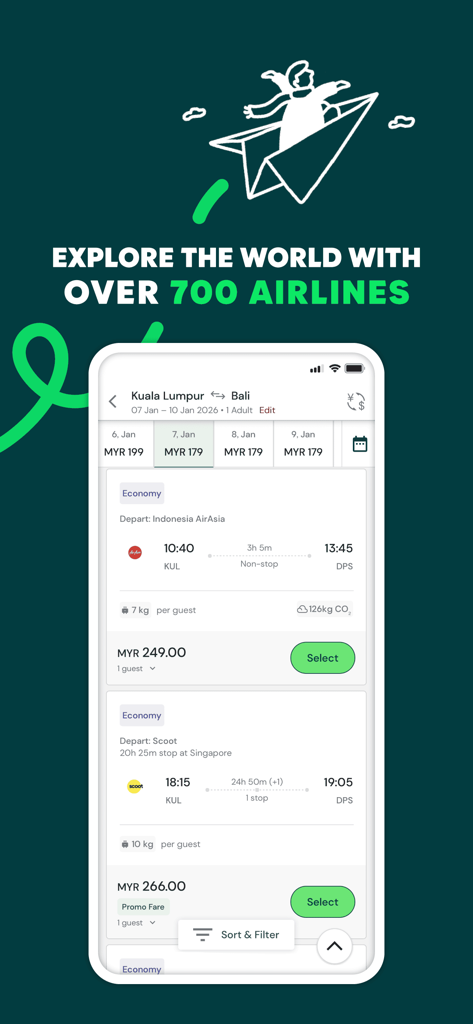 Interfaccia dell'app AirAsia MOVE che mostra i risultati della ricerca voli per un viaggio da Kuala Lumpur a Bali
