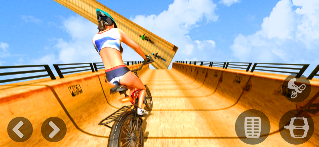 Un ciclista de BMX navegando por una mega rampa naranja masiva en un juego de simulación de BMX