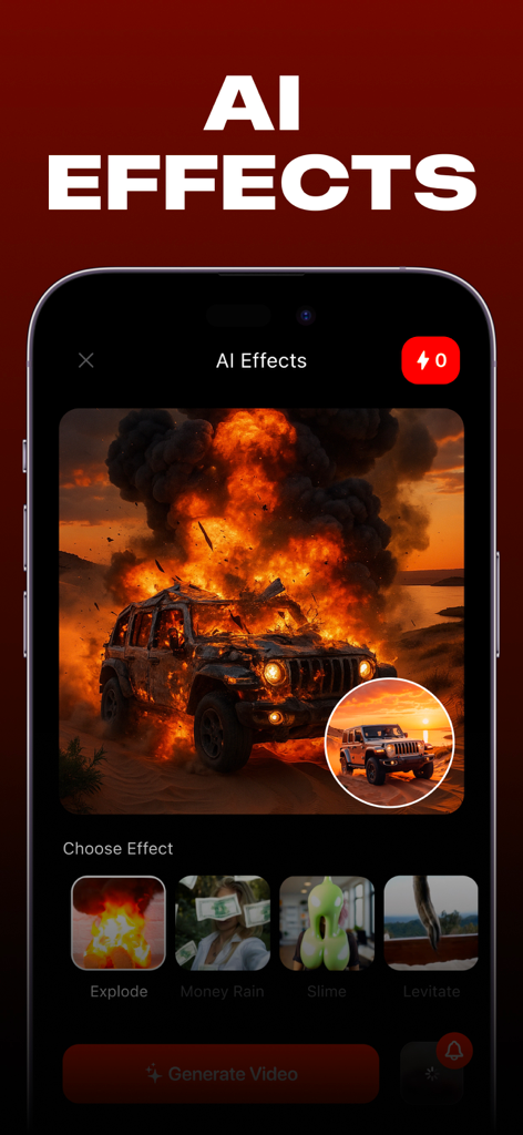AI Video – AI Video Generator - Interfaz del Generador de Videos IA mostrando un coche con un efecto de explosión