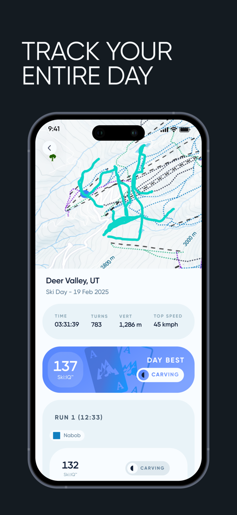 Carv Digital Ski Coach - Carv app interface showing ski performance metrics and tracked runs on a mountain map