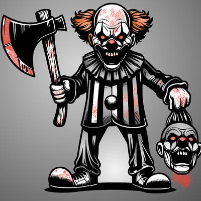 realistic scary  clown with a huge ax in one hand and a head in the other hand