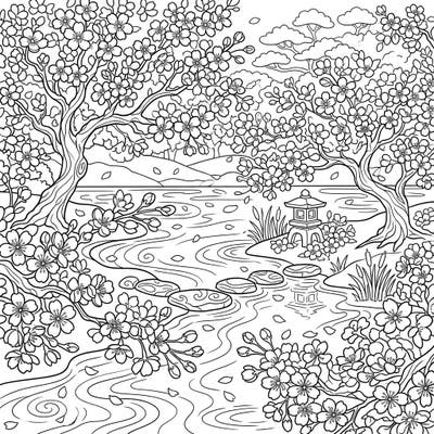 Find peace in this beautiful cherry blossoms by river coloring page, perfect for spring. Add your vibrant touch to intricate blooms, flowing water, and a serene landscape.