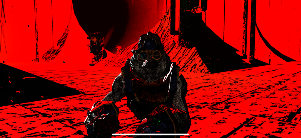 Third person view of an animal character in a red and black VR game environment