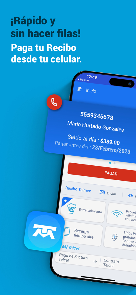A smartphone displaying the Telmex app interface for paying bills online with a balance summary and a pay button.