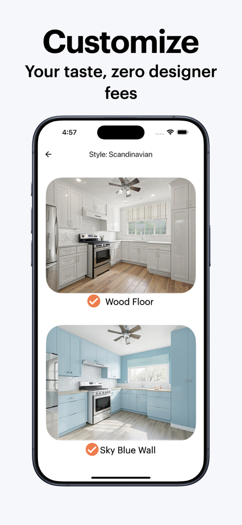 Tela do celular mostrando designs de cozinha gerados por IA com diferentes cores de parede e opções de piso