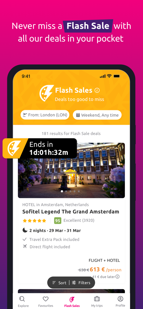 Bravofly - Interfaz de la aplicación Bravofly que muestra una oferta de venta flash para un paquete de vuelo y hotel en Ámsterdam con un temporizador de cuenta regresiva.