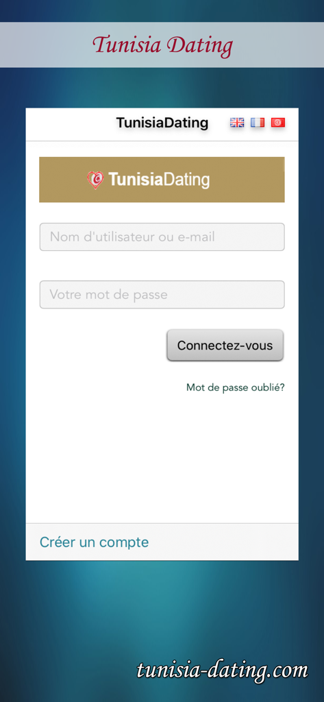 Tunisia Dating - Chat - Login screen for Tunisia Dating app featuring fields for username and password in French with language selection flags