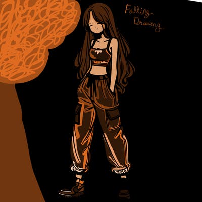 girl in baggy pants crop top and long hair