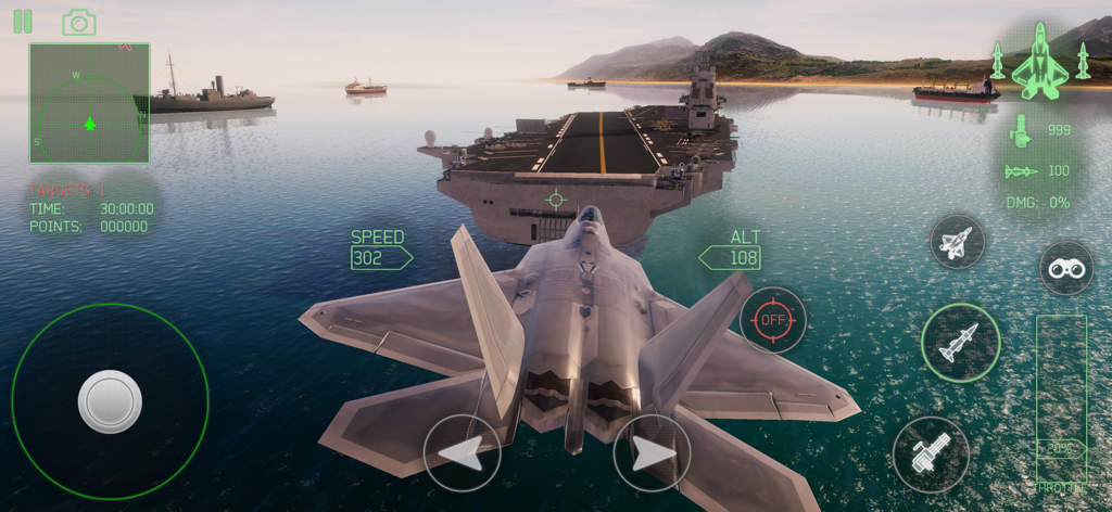 A modern fighter jet flying over the ocean behind an aircraft carrier in a flight simulator game.