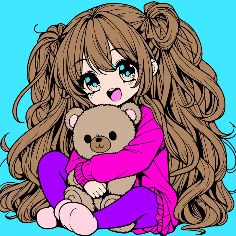 manga girl, long curly hair, happy, cuddling a teddy bear