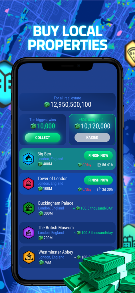 Get Rent: Trade Real Estate - Interfaz del juego móvil Get Rent que muestra una lista de famosos monumentos de Londres para comprar y rastrear ganancias
