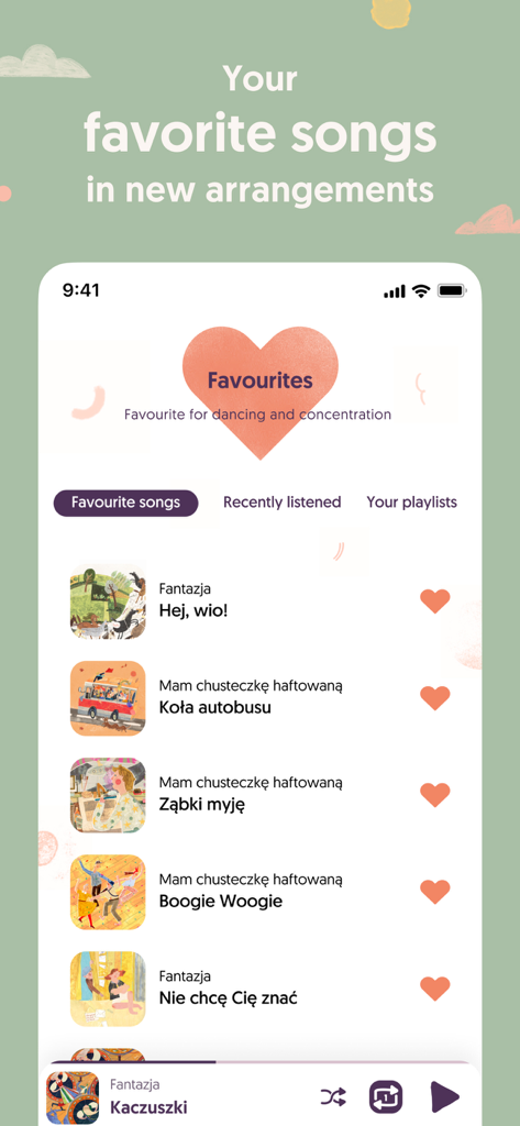 Pomelody Family Music & Fun - Liste des chansons préférées des enfants dans l'interface de l'application musicale Pomelody.