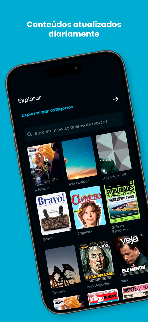 Explore screen of Aya Bancah app displaying a grid of Brazilian magazine and newspaper covers like Veja and Capricho