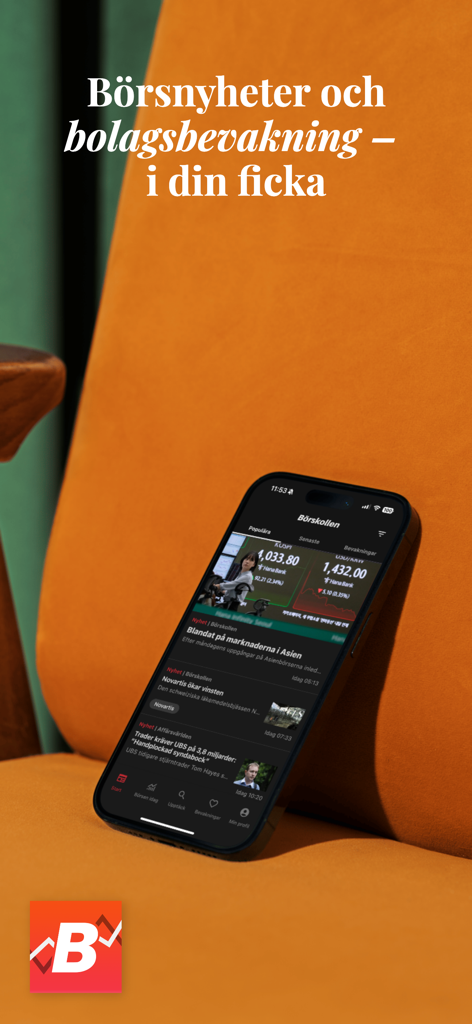 Börskollen: Aktier & Börsen - Pantalla de smartphone que muestra la aplicación Börskollen con noticias del mercado de valores en tiempo real y seguimiento de empresas.
