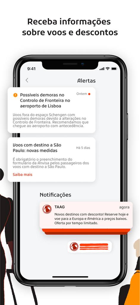A smartphone screen displaying flight status alerts and promotional notifications from the FLYTAAG app