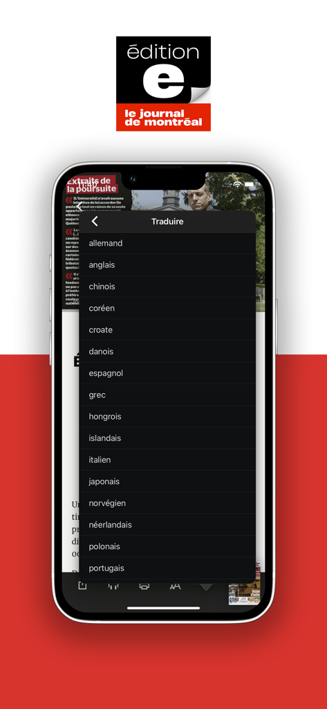 Menu de traduction proposant plusieurs options linguistiques dans l'application Journal de Montréal E-Edition.