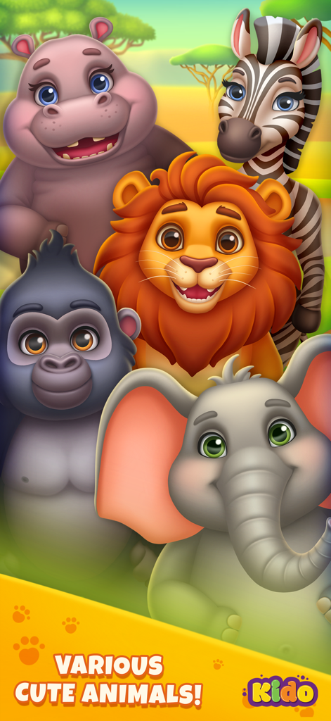 Safari Animals Games For Kids - Un grupo de coloridos animales de safari de dibujos animados, incluyendo un león, elefante, gorila, cebra e hipopótamo.