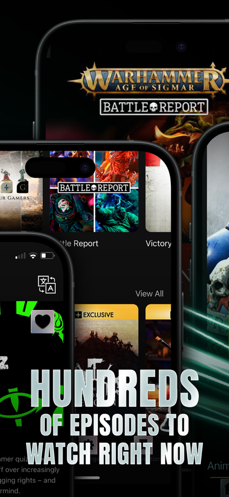 Warhammer TV app interface on mobile devices showing Battle Reports and a library of exclusive episodes