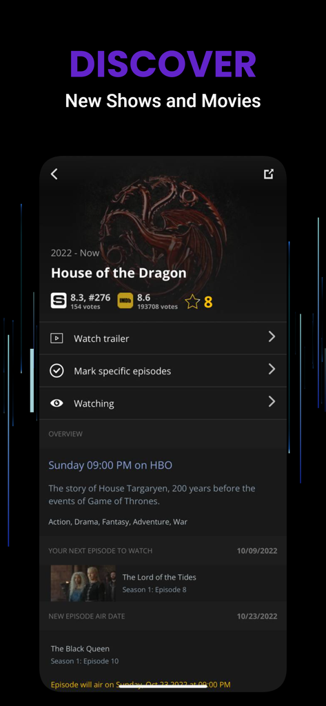 Simkl Lists: TV, Anime, Movies - Interfaccia dell'app Simkl Lists che mostra i dettagli e le valutazioni della serie TV House of the Dragon.
