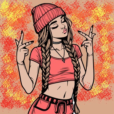 realistic teenage girl with braids and a beanie and crop top doing 🫶🏼