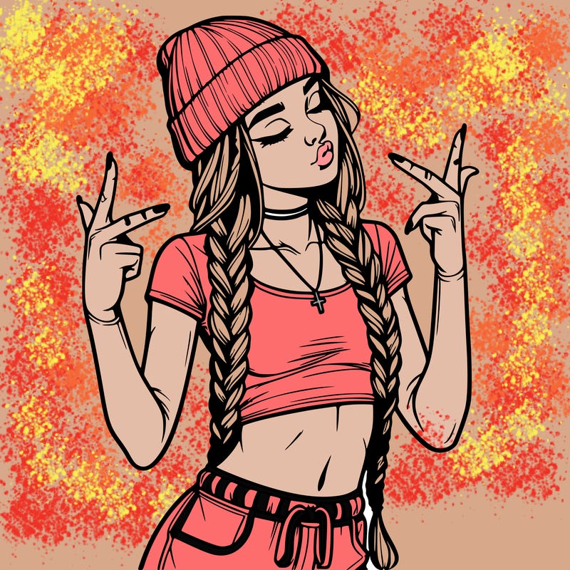 realistic teenage girl with braids and a beanie and crop top doing 🫶🏼