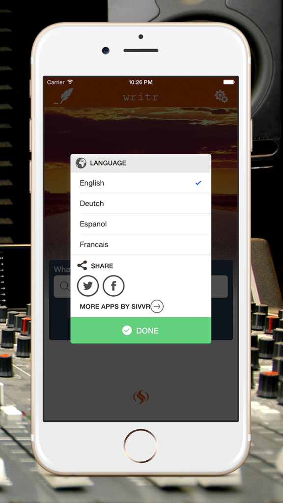 Writr - Language selection menu in the Writr app showing English, German, Spanish, and French options.