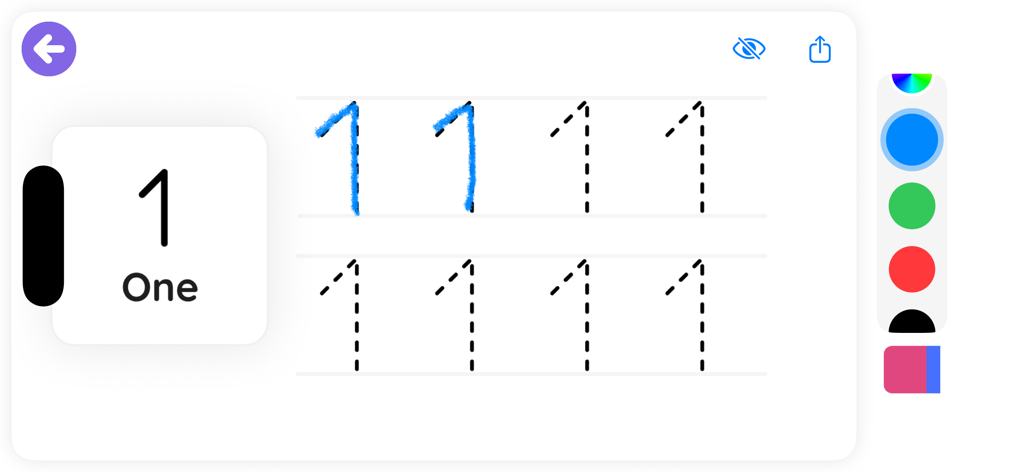 ABC 123 Letters Tracing Kids - A screen showing the tracing activity for the number one with blue ink in the ABC 123 Letters Tracing Kids app.