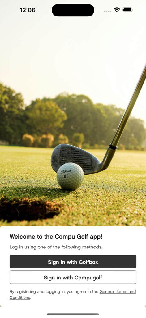 Compu Golf - Pantalla de bienvenida de la aplicación Compu Golf mostrando opciones de inicio de sesión con cuentas de Golfbox o Compugolf