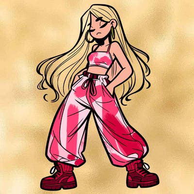 girl in baggy pants crop top and long hair