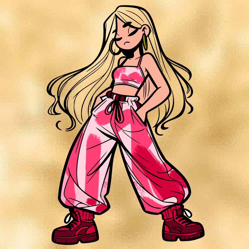 girl in baggy pants crop top and long hair