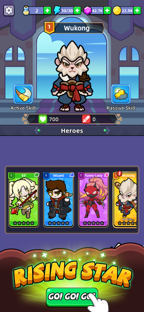 Rumble Bag: backpack battle - Pantalla de selección de héroes en Rumble Bag que muestra los personajes Wukong, Elfo, Mago y Mujer Divertida