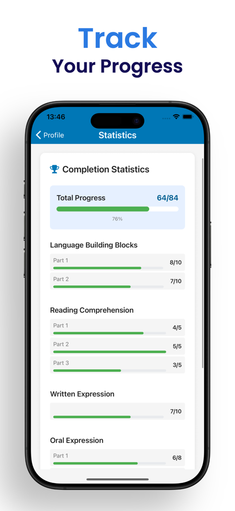 German Exam Prep | B2 Prüfung - Statistics screen of the German B2 exam preparation app showing completion progress for reading writing and oral sections