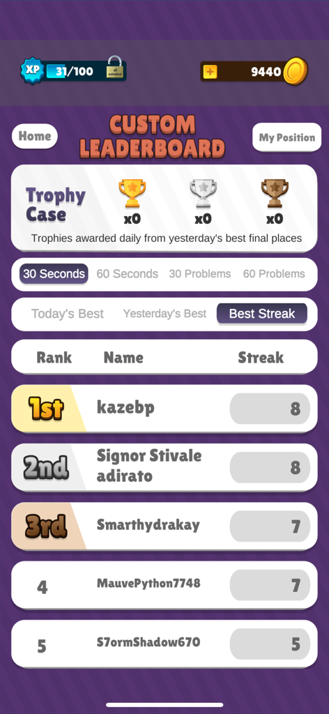 Quick Math Daily - A leaderboard screen in the Quick Math Daily app displaying top player rankings and their score streaks.