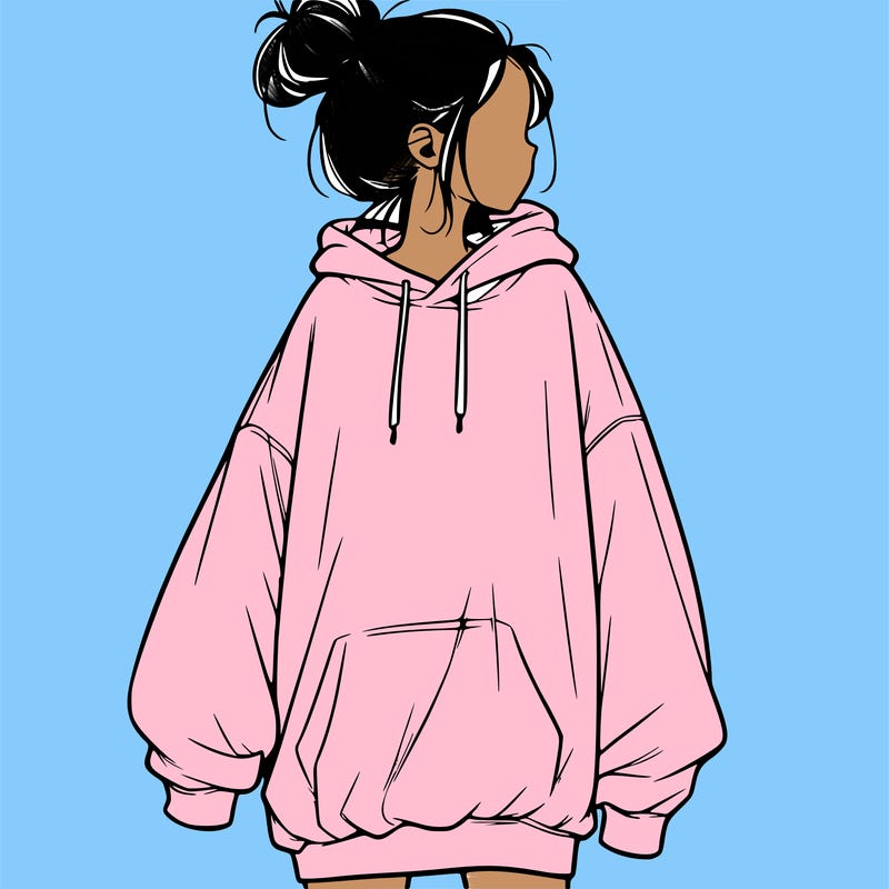 realistic girl with a oversized sweatshirt on and a bun
