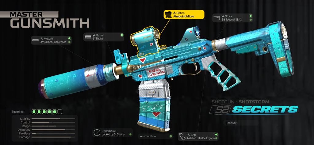 Master Gunsmith interface in Combat Master Mobile showing a customized Shotstorm shotgun with tactical attachments and stats