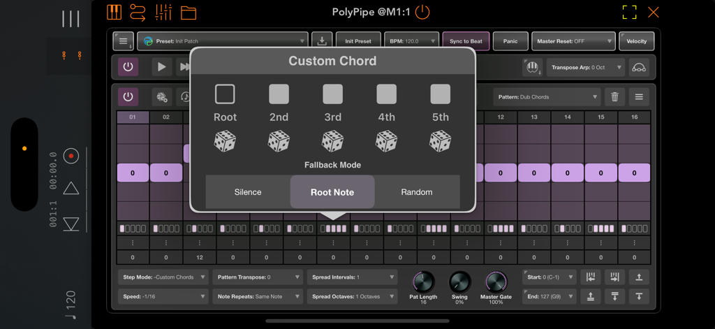 PolyPipe - Custom chord configuration window within the PolyPipe MIDI sequencer app interface